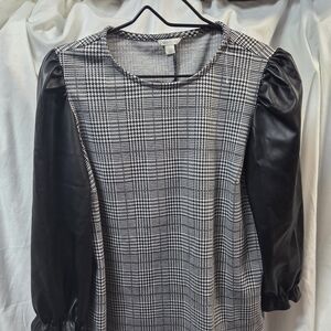 Cato Black and White Houndstooth Blouse with Faux Leather Sleeves